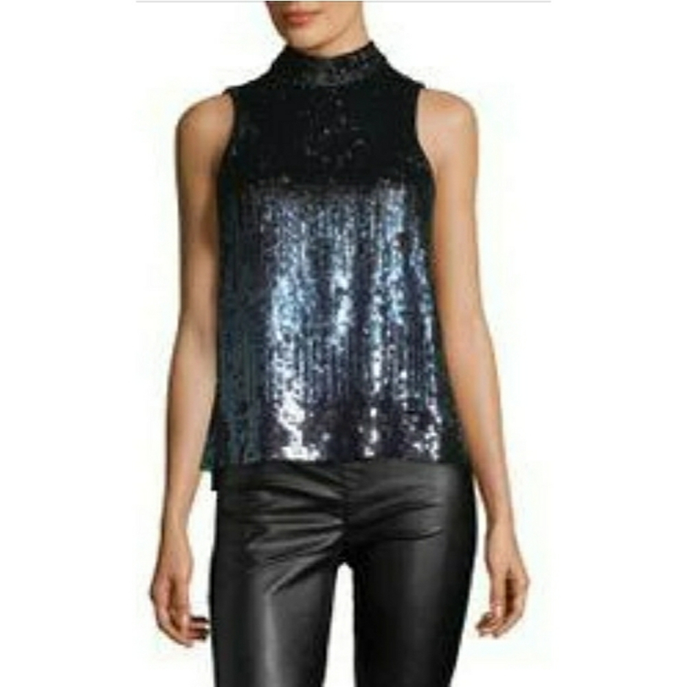 French Connection Ombre Sequin Mock Neck Top Black
